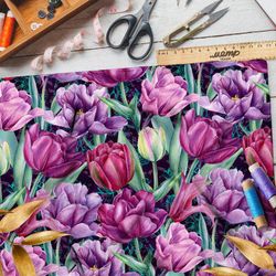 Ткань саржа живописные тюльпаны на чёрном фоне