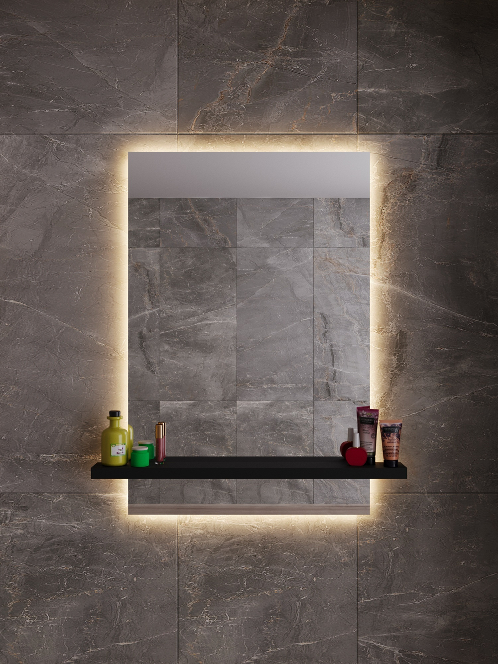 Прямоугольное зеркало для ванной комнаты с полкой. LED подсветка.