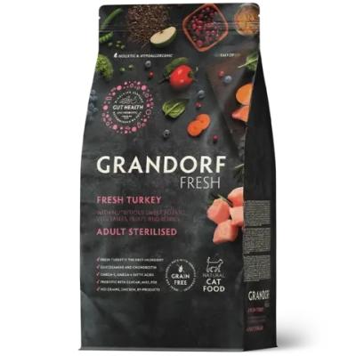 Grandorf Fresh, Fresh Turkey, Adult Sterilised для стерилизованных или пожилых кошек (Свежее мясо индейки с бататом)