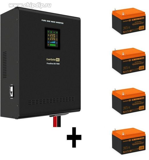 Источники бесперебойного питания (UPS, ИБП) ExeGate EX296678RUS, Комплект ИБП ExeGate FineSine SX-7000.LCD.AVR.2SH.T + Батарея 26Aч, 4 шт. (ИБП EX296005RUS: 7000VA/5000W, чистая синусоида, цв