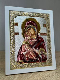 Владимирская БМ, икона прямоугольная с рамкой, белое дерево, эмаль 185х235