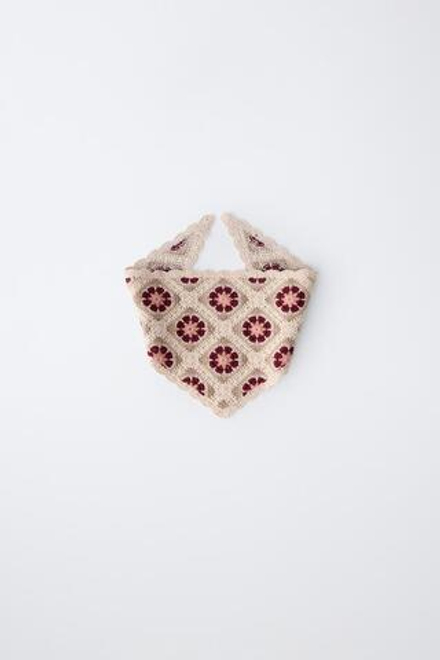 ZARA БАНДАНА С ЦВЕТОЧНЫМ КРУЖЕВОМ КРОШЕ, СВЕТЛО-БЕЖЕВЫЙ