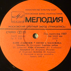 Виниловая пластинка Вячеслав Малежик ‎– Кафе "Саквояж" (Мелодия) LP