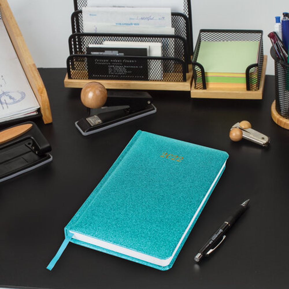 Ежедневник датированный 2022 А5 138x213 мм BRAUBERG "Sparkle", блестки, бирюзовый, 112829