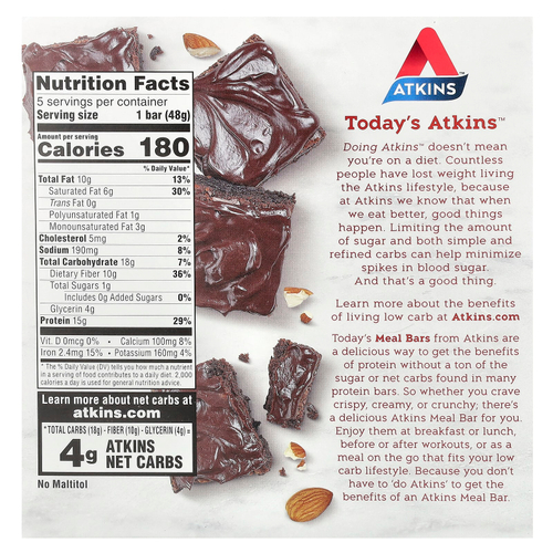 Atkins, Protein Meal Bar, шоколадный батончик с двойной помадкой, 5 батончиков, 48 г (1,69 унции)