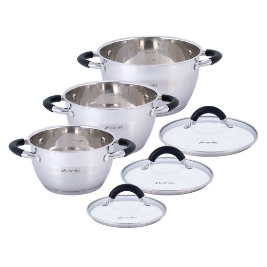 Набор кастрюль 6 предметов из нержавеющей стали Kamille KM 5754 (1,8 л; 2,5 л; 3,5 л) с силиконовыми вставками на ручках