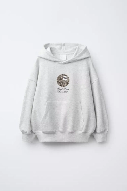 ZARA ХУДИ С КАПЮШОНОМ И ПРИНТОМ «БИЛЬЯРДНЫЙ ШАР», СЕРЫЙ МЕЛАНЖ