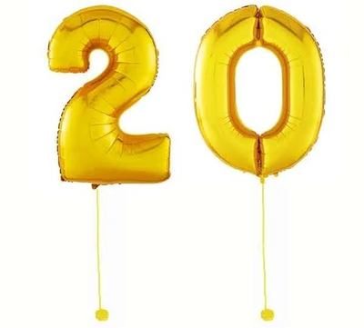 Шар-цифра 20 Золото Gold 102 см фольга с гелием на грузике