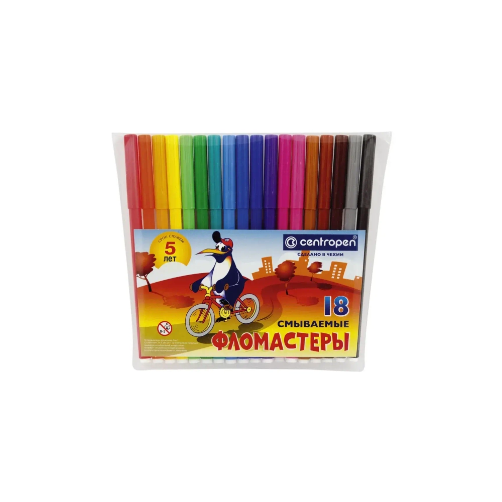 Фломастеры 18цв. CENTROPEN Пингвины, круглые, смываемые, 7790