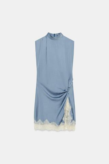 ZARA АТЛАСНОЕ ПЛАТЬЕ С КРУЖЕВОМ, СТАЛЬНОЙ СИНИЙ