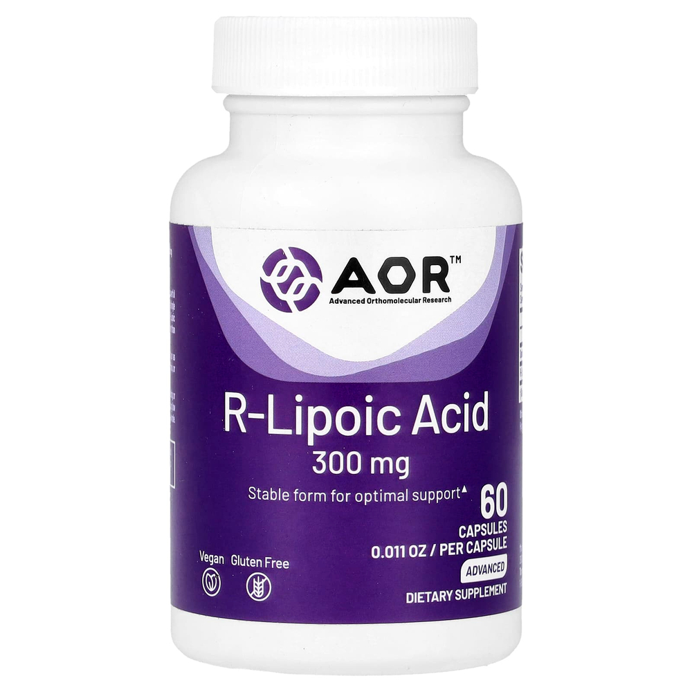 Advanced Orthomolecular Research AOR, R-липоевая кислота, 300 мг, 60 растительных капсул