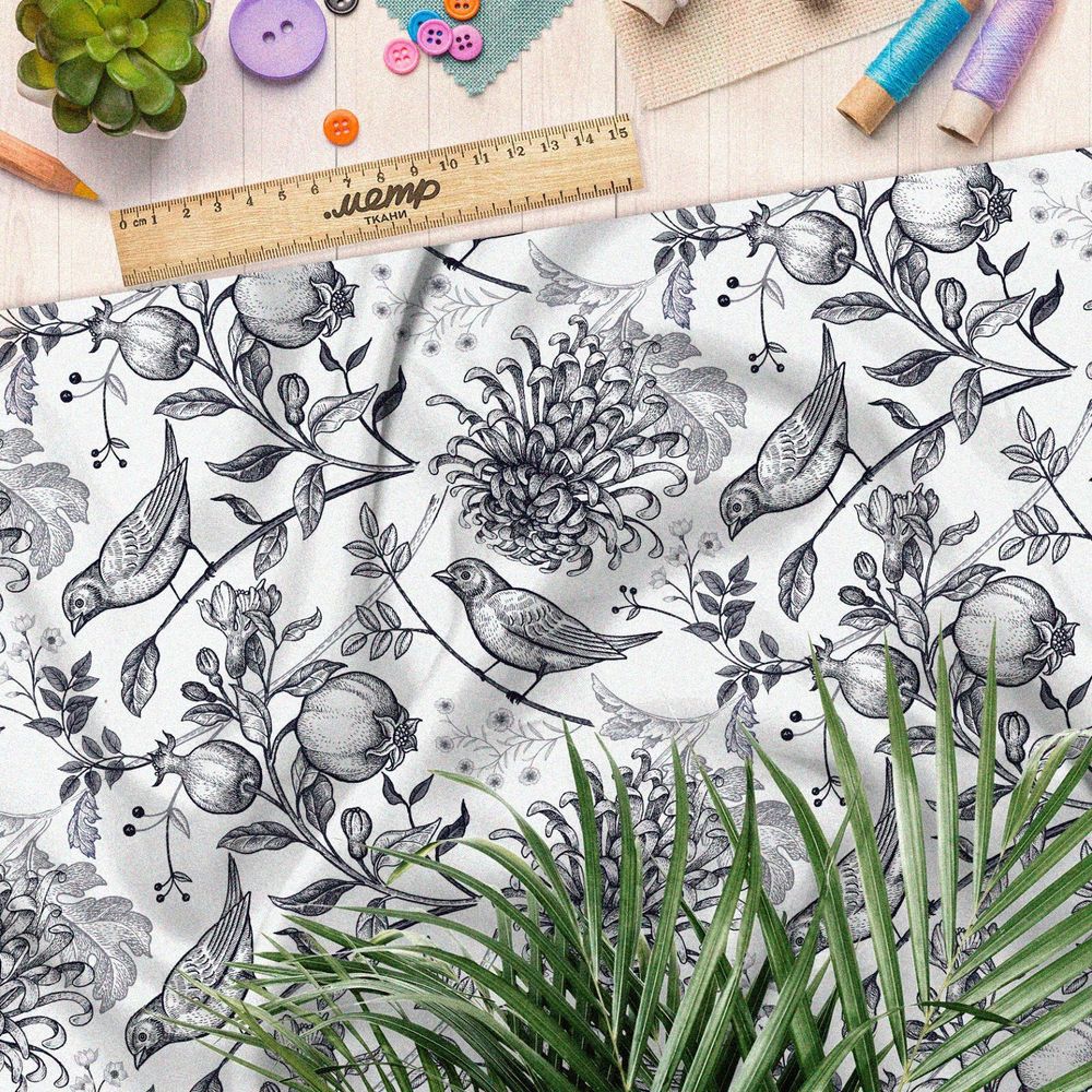 Ткань бязь эскизные птицы с веткой граната
