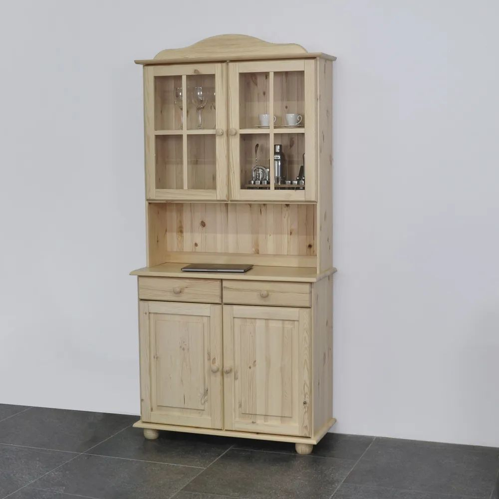 Шкаф витрина 90х28х109, Лена двухдверный, стеклянный для посуды, массив сосны, с регулируемыми полками (верхняя часть буфета Лена), в натуральной отделке, Dipriz