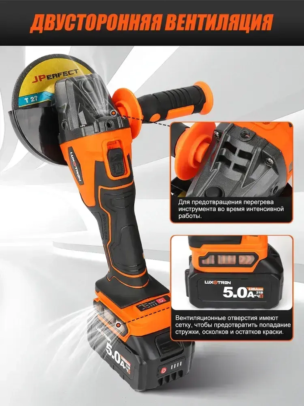 Болгарка аккумуляторная бесщеточная с регулировкой оборотов Luxotron, УШМ, 125мм, 3000-9000 об/мин, 2 АКБ 5.0 Ач, 21В, углошлифовальная машина, плиткорез электрический