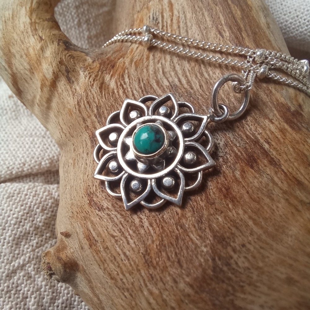 Подвеска МАНДАЛА с  цепочкой, серебро/бирюза