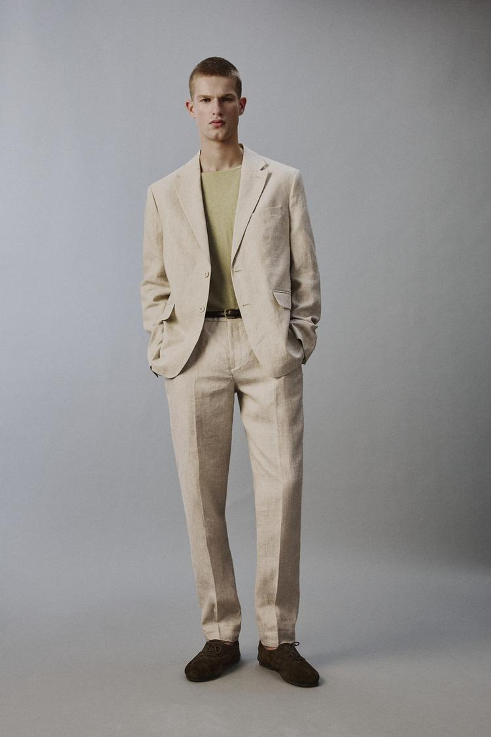 ZARA КОСТЮМНЫЕ БРЮКИ ИЗ 100% ЛЬНА, СВЕТЛО-БЕЖЕВЫЙ