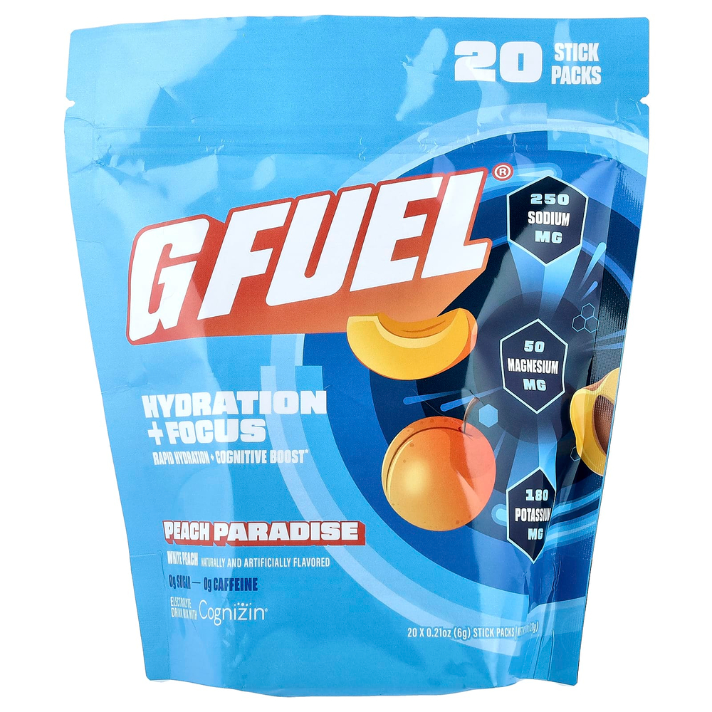 G FUEL, Hydration + Focus, смесь для приготовления электролитического напитка с Cognizin®, персик, 20 пакетиков-стиков по 6 г (0,21 унции)