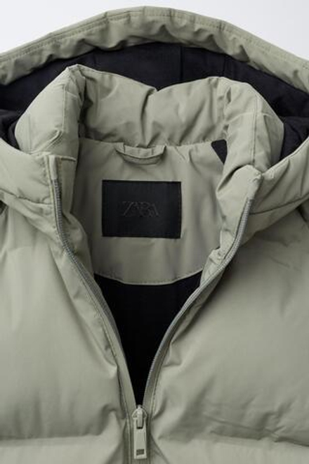 ZARA СТЕГАНЫЙ ПУХОВИК С КАПЮШОНОМ WATER REPELLENT, ХАКИ