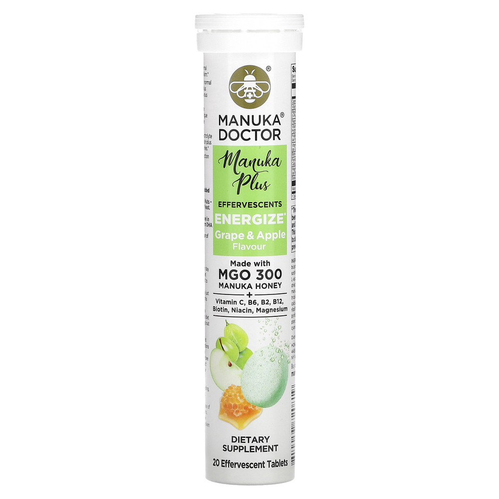 Manuka Doctor, Manuka Plus, шипучие, бодрящее, с виноградом и яблоком, 20 шипучих таблеток