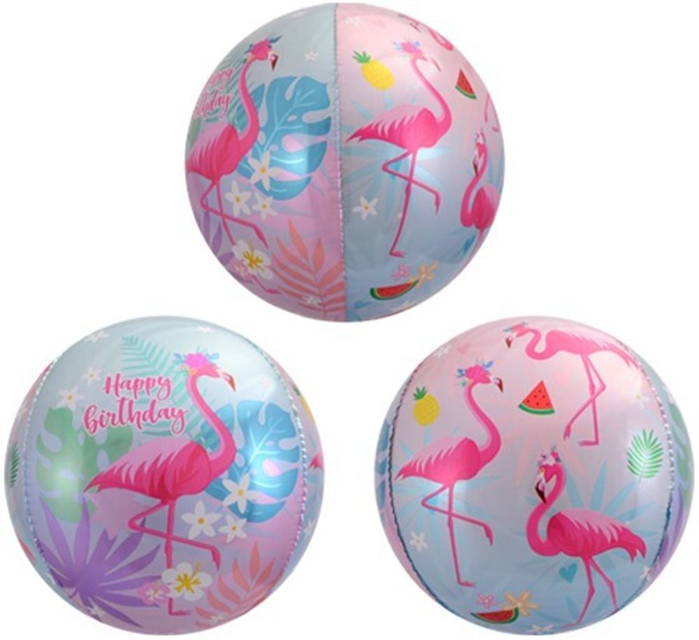 Шар (24"/61 см) Сфера 3D, С Днем Рождения (фламинго)