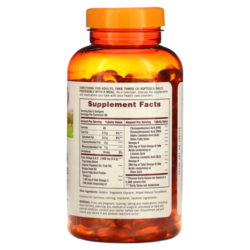 Sundown Naturals, омега 3-6-9, масла льна и бурачника и рыбий жир, 200 мягких таблеток