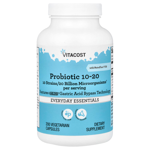 Vitacost, пробиотик 10-20 с NutraFlora® ФОС, 200 вегетарианских капсул
