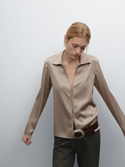 Massimo Dutti Рубашка из струящегося атласа с пуговицами, экрю