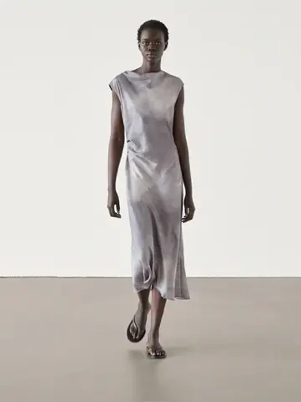 Massimo Dutti Платье миди из ткани с акварельным принтом, серо-синий