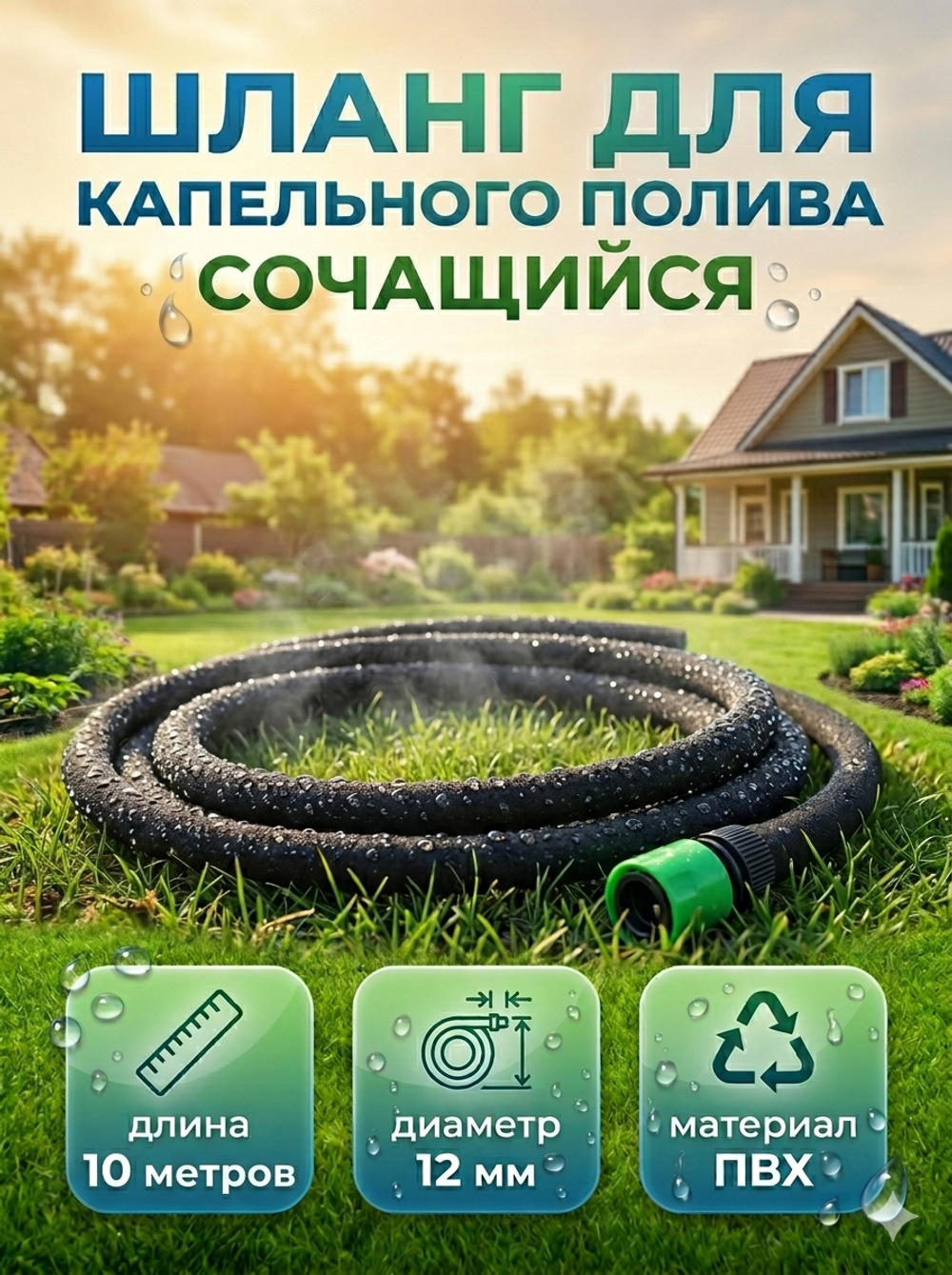 Шланг поливочный d12 мм (1/2») 10м ПВХ сочащий с коннекторами