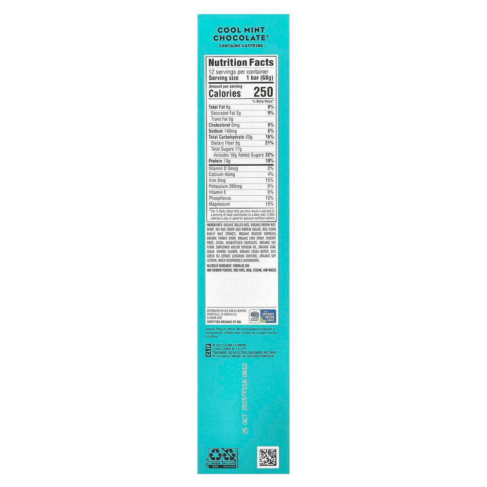Clif Bar, Energy Bar, прохладный мятный шоколад, 12 батончиков, 68 г (2,40 унции) каждый