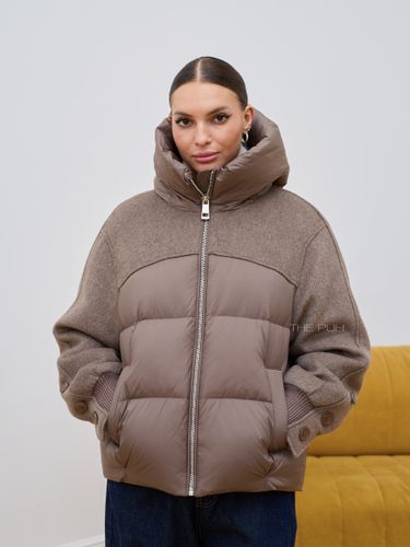 Комбинированный коричневый пуховик с капюшоном