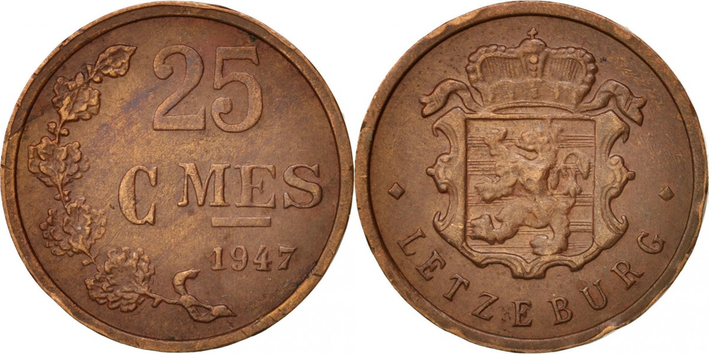 Люксембург 25 сантимов, 1946 - 1947 Герб XF