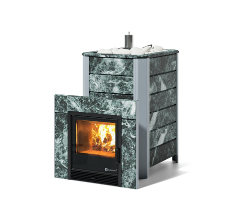 Печь Ялта 35/2024 в облицовке из камня Змеевик 430 нерж