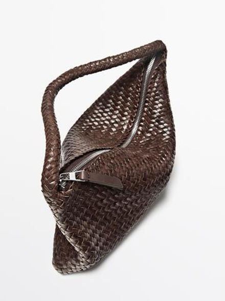 Massimo Dutti Маленькая плетеная кожаная сумка через плечо, коричневый