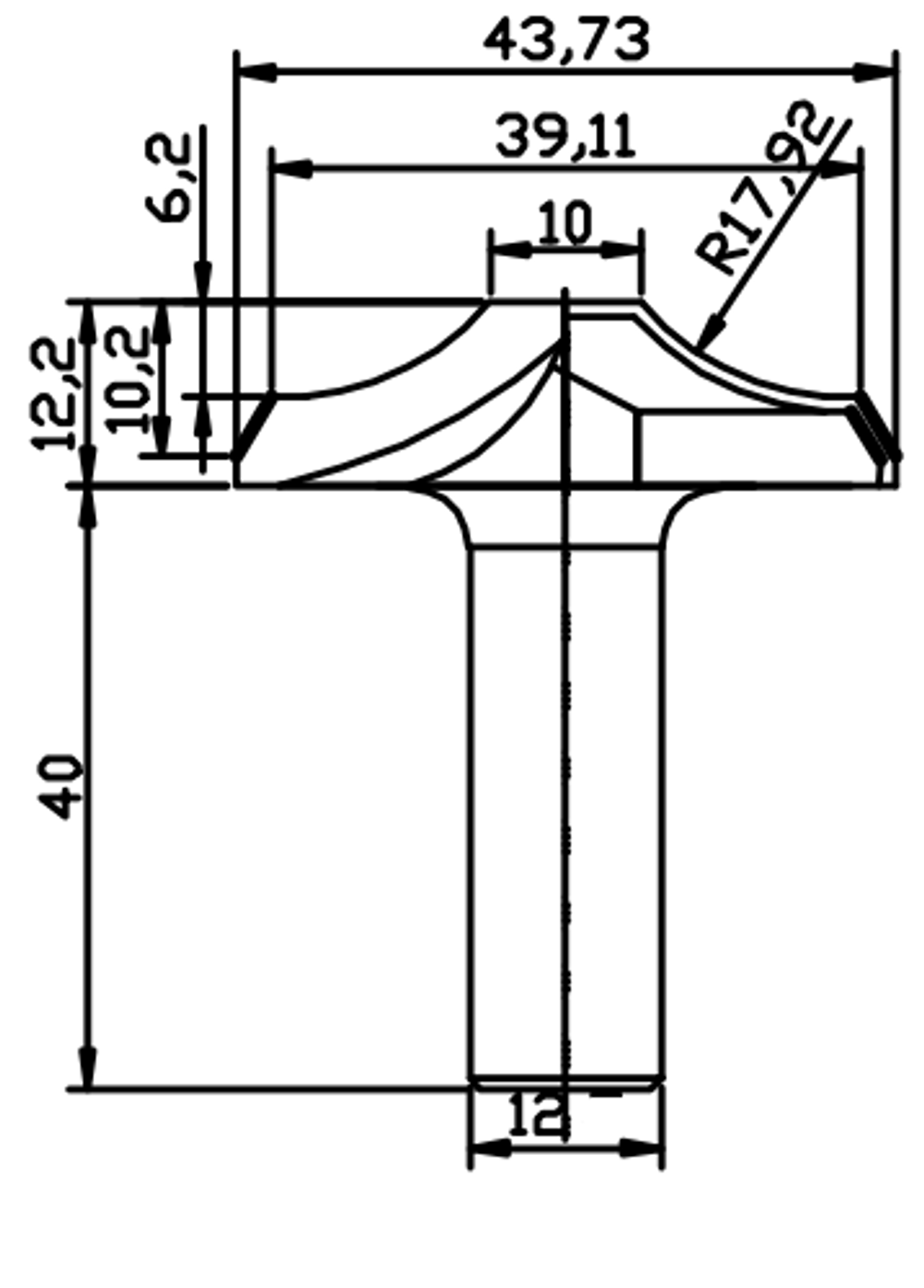 PCD профильная фреза D.43,73x12,2 S.12x40 Z2