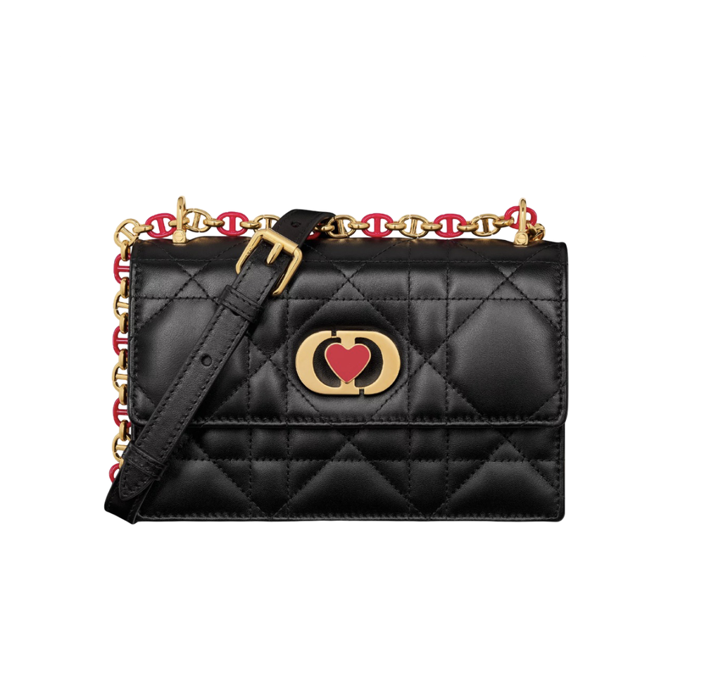Сумка Dior Miss Caro Mini черная из ягнячьей кожи с цепочкой и сердцем
