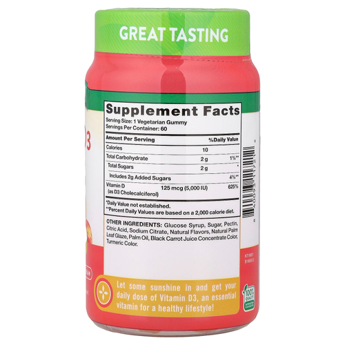 Nature's Truth, витамин D3, высокоэффективный, со вкусом персика, 125 мкг (5000 МЕ), 60 жевательных таблеток