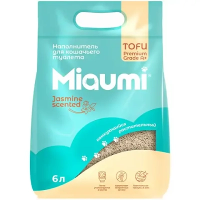 Miaumi tofu jasmine scented наполнитель комкующийся соевый для кошачьего туалета, с тонким ароматом жасмина - 6 л (2,5 кг)