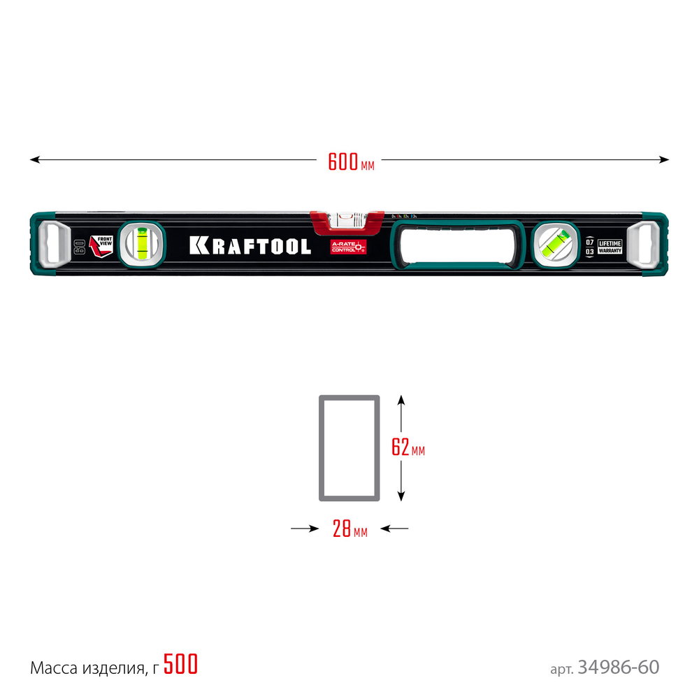 KRAFTOOL A-RATE CONTROL, 600 мм, точность 0.3 мм/м, с инновационным зеркальным глазком, сверхпрочный уровень (34986-60)