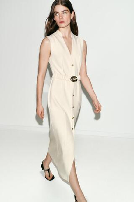ZARA ПЛАТЬЕ МИДИ С ПОЯСОМ, ЭКРЮ
