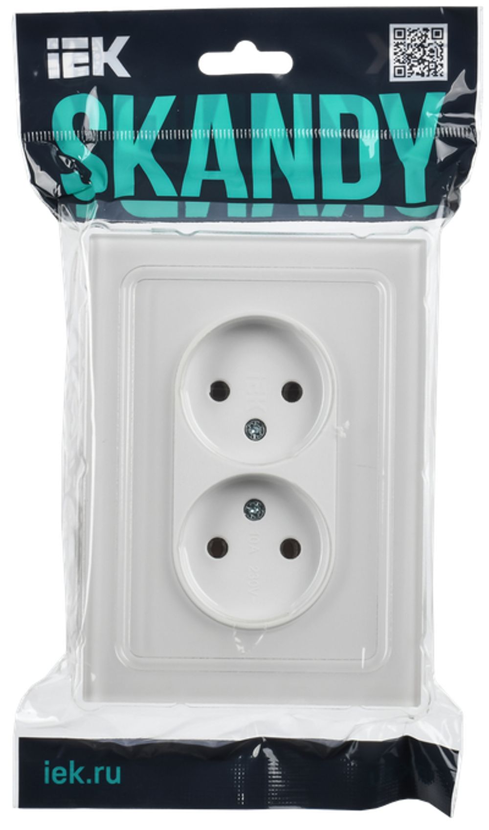 SKANDY Розетка 2-местная без заземления без защитных шторок для плоской вилки 10А SK-R03W стекло арктический белый IEK