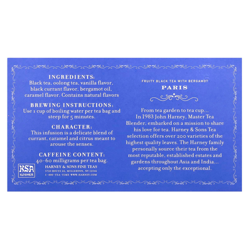 Harney & Sons, Фруктовый черный чай с бергамотом, Париж, 50 чайных пакетиков, 90 г (3,17 унции)