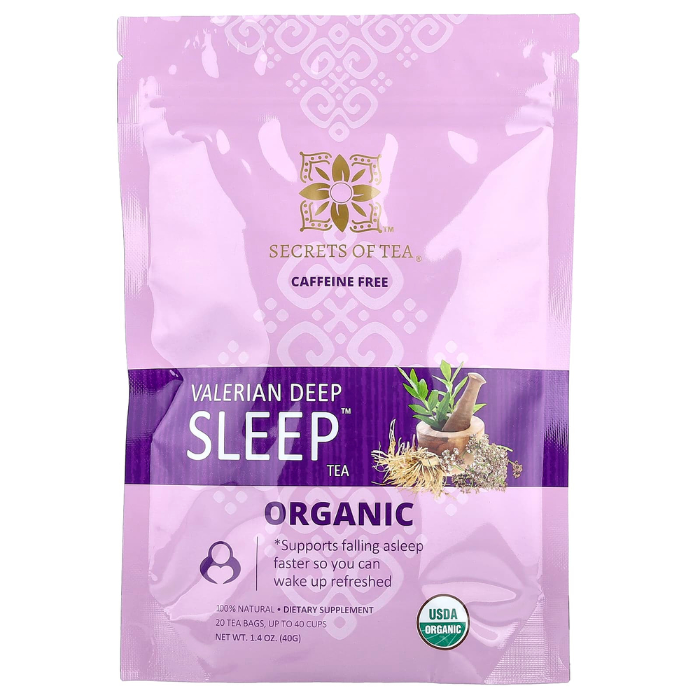 Secrets of Tea, органический чай валериана Deep Sleep™, без кофеина, 20 чайных пакетиков, 40 г (1,4 унции)