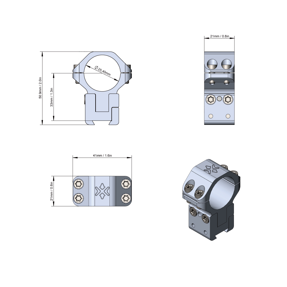 Кольца Vector Optics, D25,4мм, с изменяемой высотой 33-39мм,  (XASR-2515)
