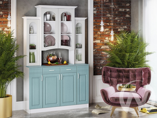 Буфет 4-х створчатый Констанция (Белый матовый/Голубой)