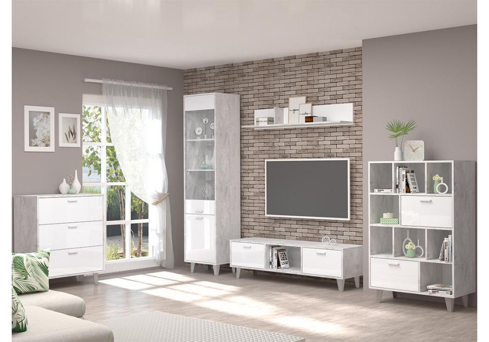 Витрина Эго ПС-1 на ножках бетон светлый / белый глянец