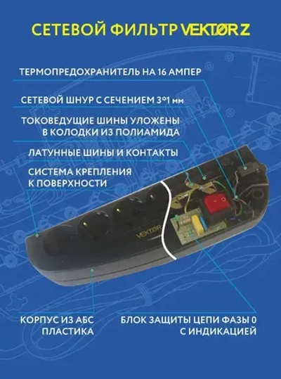 Сетевой фильтр для мощной бытовой техники 16А 3,5кВт Vektor Z черный 1,8м
