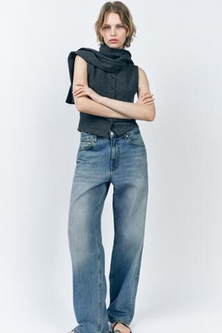 ZARA ЖИЛЕТ С ПУГОВИЦАМИ И ШАРФОМ, СЕРЫЙ С МЕЛАНЖЕВЫМ ЭФФЕКТОМ