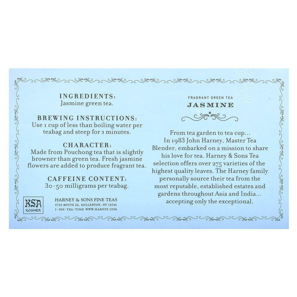 Harney & Sons, Ароматный зеленый чай, жасмин, 50 пакетиков, 90 г (3,17 унции)