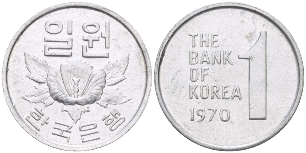 Южная Корея 1 вона, 1968 - 1982 Гибискус XF
